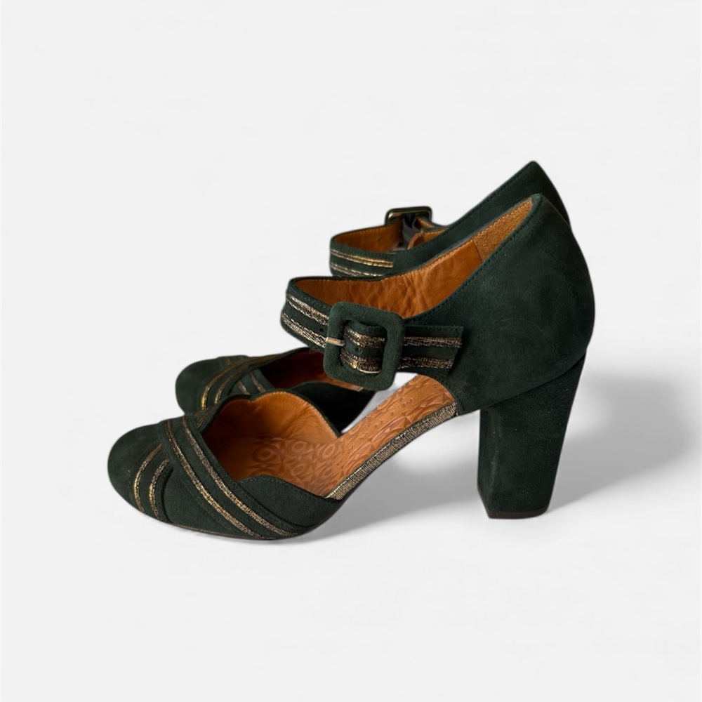Chie Mihara Green Suede Metallic Trim Mary Jane Heels – Size 36 New - Picture 6 of 8